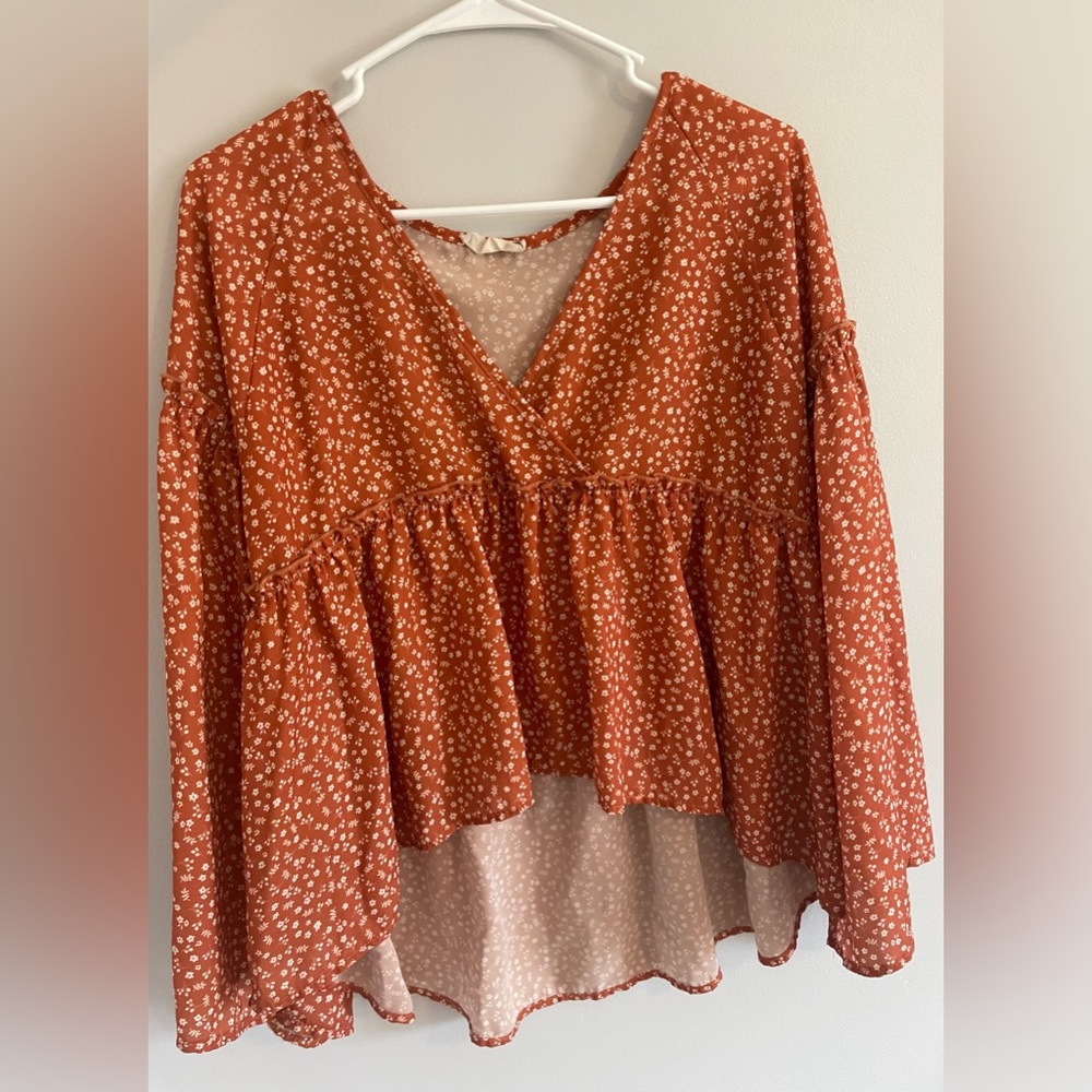 ALTAR’D STATE Orange & White Floral Long Sleeve Blouse